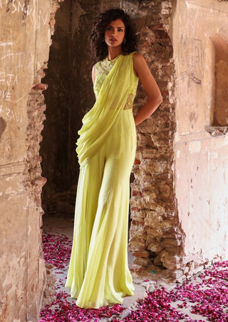 Kirat neon green jumpsuit with draped pallu - Kirat neon green jumpsuit - Seema Thukral - Available at Mrs. G