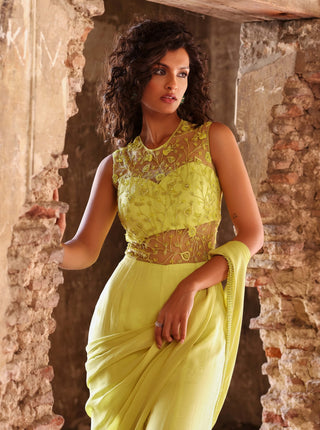 Kirat neon green jumpsuit with draped pallu - Kirat neon green jumpsuit - Seema Thukral - Available at Mrs. G