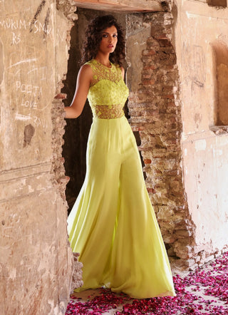 Kirat neon green jumpsuit with draped pallu - Kirat neon green jumpsuit - Seema Thukral - Available at Mrs. G