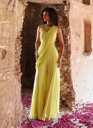 Kirat neon green jumpsuit with draped pallu - Kirat neon green jumpsuit - Seema Thukral - Available at Mrs. G