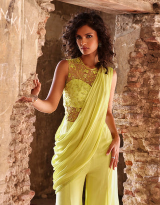 Kirat neon green jumpsuit with draped pallu - Kirat neon green jumpsuit - Seema Thukral - Available at Mrs. G