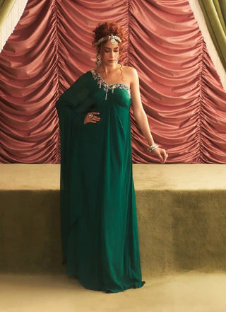 Reshma emerald green embellished draped kaftan