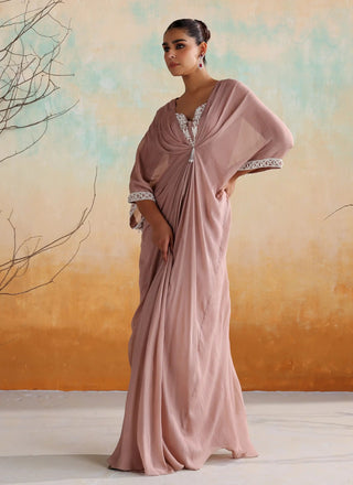 Dusty pink draped kaftan with embellished neckline