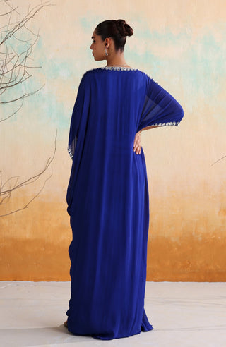 Electric blue embellished full-length draped kaftan