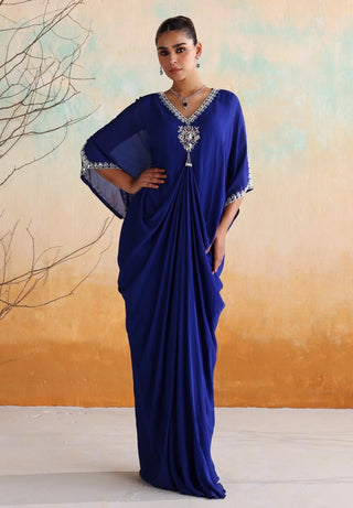 Electric blue embellished full-length draped kaftan