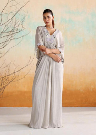 Gray draped kaftan with embellished neckline