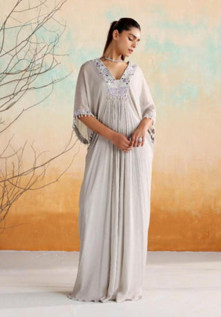 Gray draped kaftan with embellished neckline