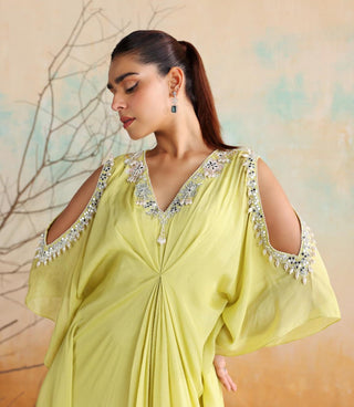 Neon green draped kaftan with embellished neckline