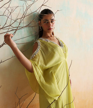 Neon green draped kaftan with embellished neckline