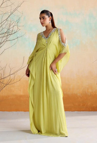 Neon green draped kaftan with embellished neckline