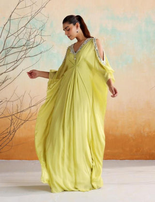 Neon green draped kaftan with embellished neckline