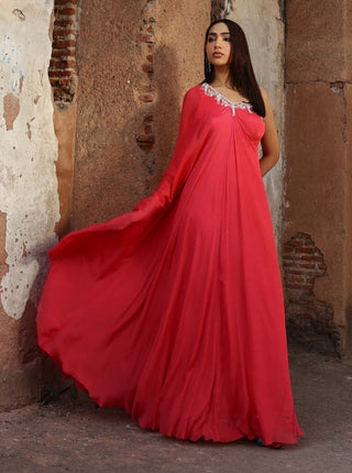 Devanshi coral pink one-shoulder kaftan