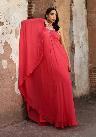 Devanshi coral pink one-shoulder kaftan