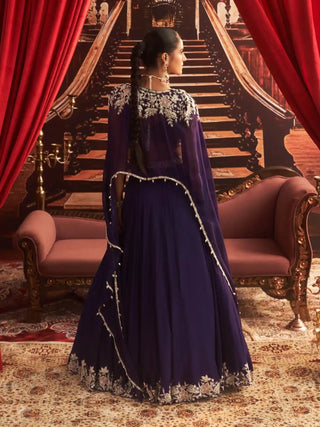 Guddi purple embellished choli, cape and lehenga