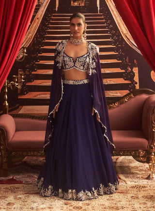 Guddi purple embellished choli, cape and lehenga