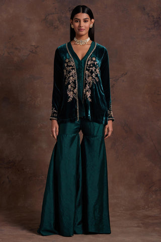 Green velvet jacket with silk peplum and sharara set