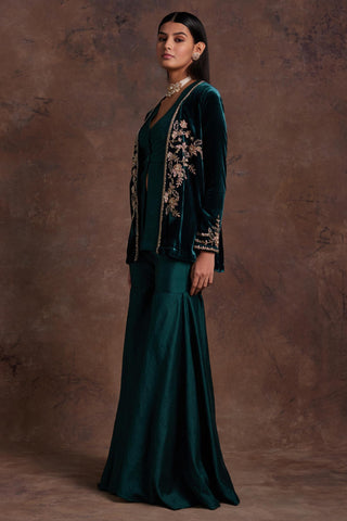 Green velvet jacket with silk peplum and sharara set