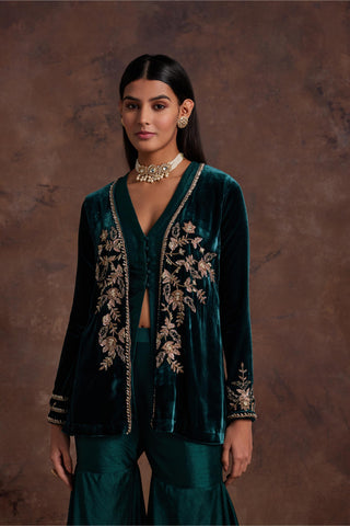 Green velvet jacket with silk peplum and sharara set