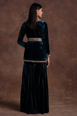 Green velvet peplum with belt and sharara set