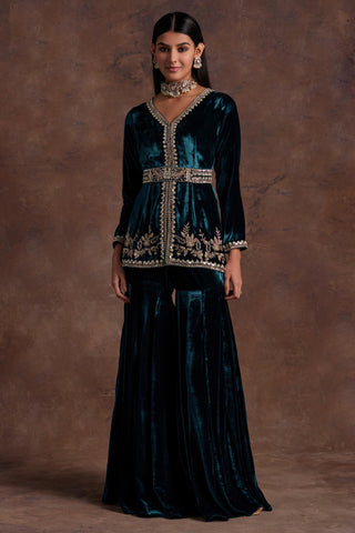 Green velvet peplum with belt and sharara set