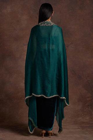 Green velvet drape skirt bustier and organza cape set