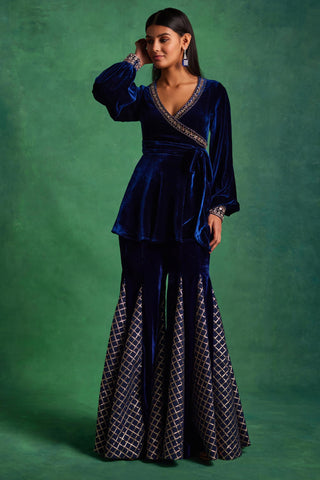 Midnight blue velvet peplum and godet pants set