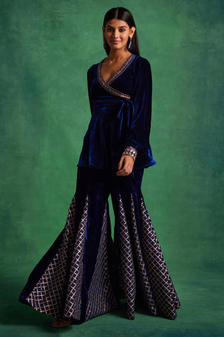 Midnight blue velvet peplum and godet pants set