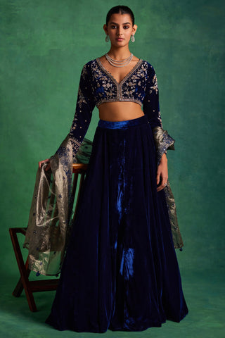 Midnight blue velvet lehenga and blouse set