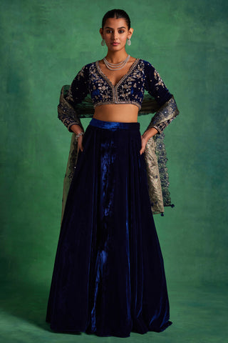 Midnight blue velvet lehenga and blouse set