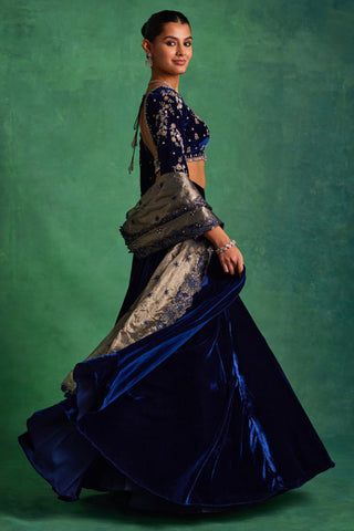 Midnight blue velvet lehenga and blouse set