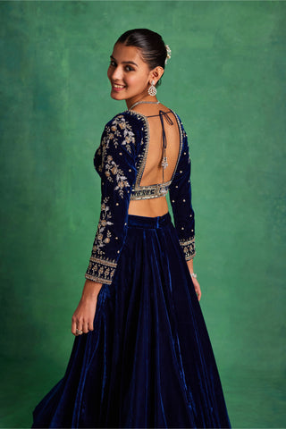 Midnight blue velvet lehenga and blouse set