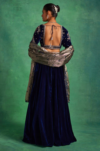 Midnight blue velvet lehenga and blouse set