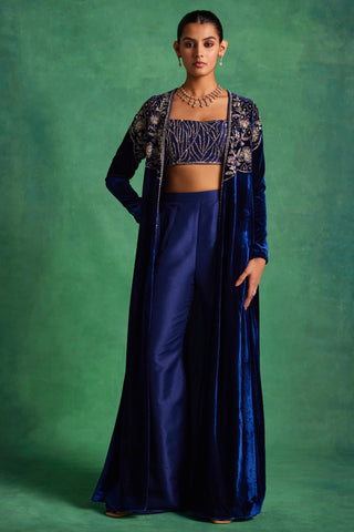 Midnight blue velvet long jacket with bustier and pants set