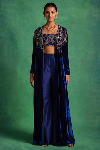 Midnight blue velvet long jacket with bustier and pants set