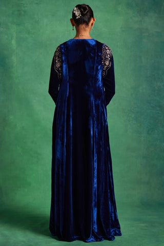 Midnight blue velvet long jacket with bustier and pants set