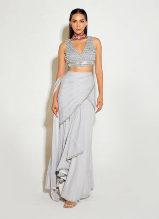 Gray slit draped saree and blouse - Gray slit draped saree - Sanya Gulati - Available at Mrs. G