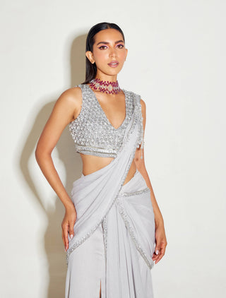 Gray slit draped saree and blouse - Gray slit draped saree - Sanya Gulati - Available at Mrs. G