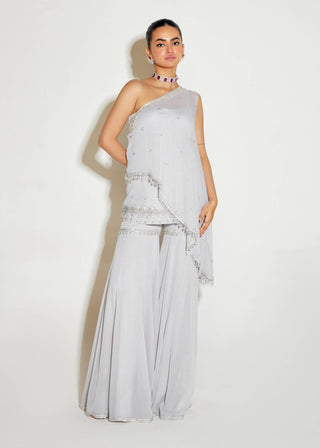 Gray one shoulder cape and sharara setone shoulder cape