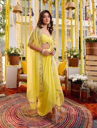 Sunshine yellow drape dhoti skirt with cape and blouse - Sunshine yellow drape dhoti skirt - Sanya Gulati - Available at Mrs. G