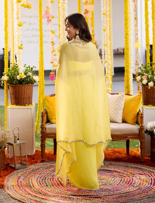 Sunshine yellow drape dhoti skirt with cape and blouse - Sunshine yellow drape dhoti skirt - Sanya Gulati - Available at Mrs. G