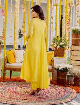 Sunshine yellow asymmetric kurta and pants - Sunshine yellow asymmetric kurta - Sanya Gulati - Available at Mrs. G