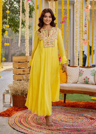 Sunshine yellow asymmetric kurta and pants - Sunshine yellow asymmetric kurta - Sanya Gulati - Available at Mrs. G