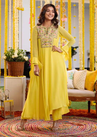 Sunshine yellow asymmetric kurta and pants - Sunshine yellow asymmetric kurta - Sanya Gulati - Available at Mrs. G