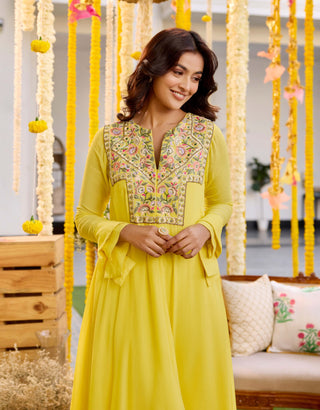 Sunshine yellow asymmetric kurta and pants - Sunshine yellow asymmetric kurta - Sanya Gulati - Available at Mrs. G