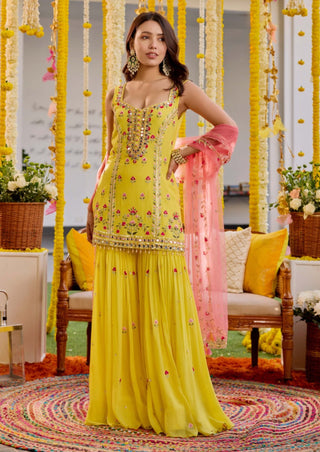 Sunshine yellow embroidered sharara set - Sunshine yellow embroidered sharara set - Sanya Gulati - Available at Mrs. G