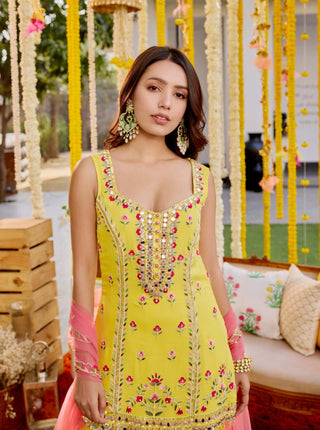 Sunshine yellow embroidered sharara set - Sunshine yellow embroidered sharara set - Sanya Gulati - Available at Mrs. G