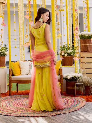 Sunshine yellow embroidered sharara set - Sunshine yellow embroidered sharara set - Sanya Gulati - Available at Mrs. G