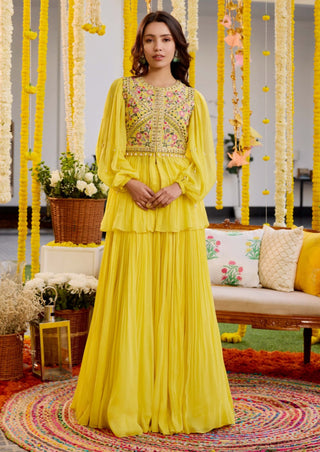 Sunshine yellow gathers peplum and pleated skirt - Sunshine yellow gathers peplum - Sanya Gulati - Available at Mrs. G