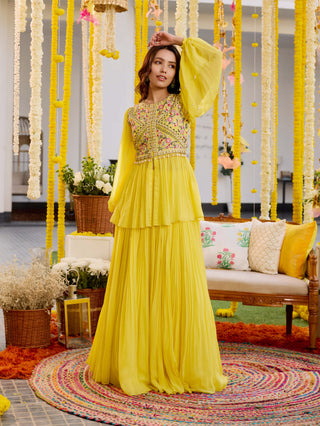 Sunshine yellow gathers peplum and pleated skirt - Sunshine yellow gathers peplum - Sanya Gulati - Available at Mrs. G