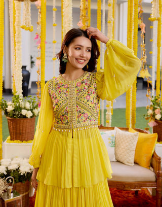 Sunshine yellow gathers peplum and pleated skirt - Sunshine yellow gathers peplum - Sanya Gulati - Available at Mrs. G